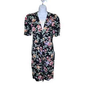 Vintage 80s Modest Shirt Dress Womens Size S Black Floral Church Pockets
